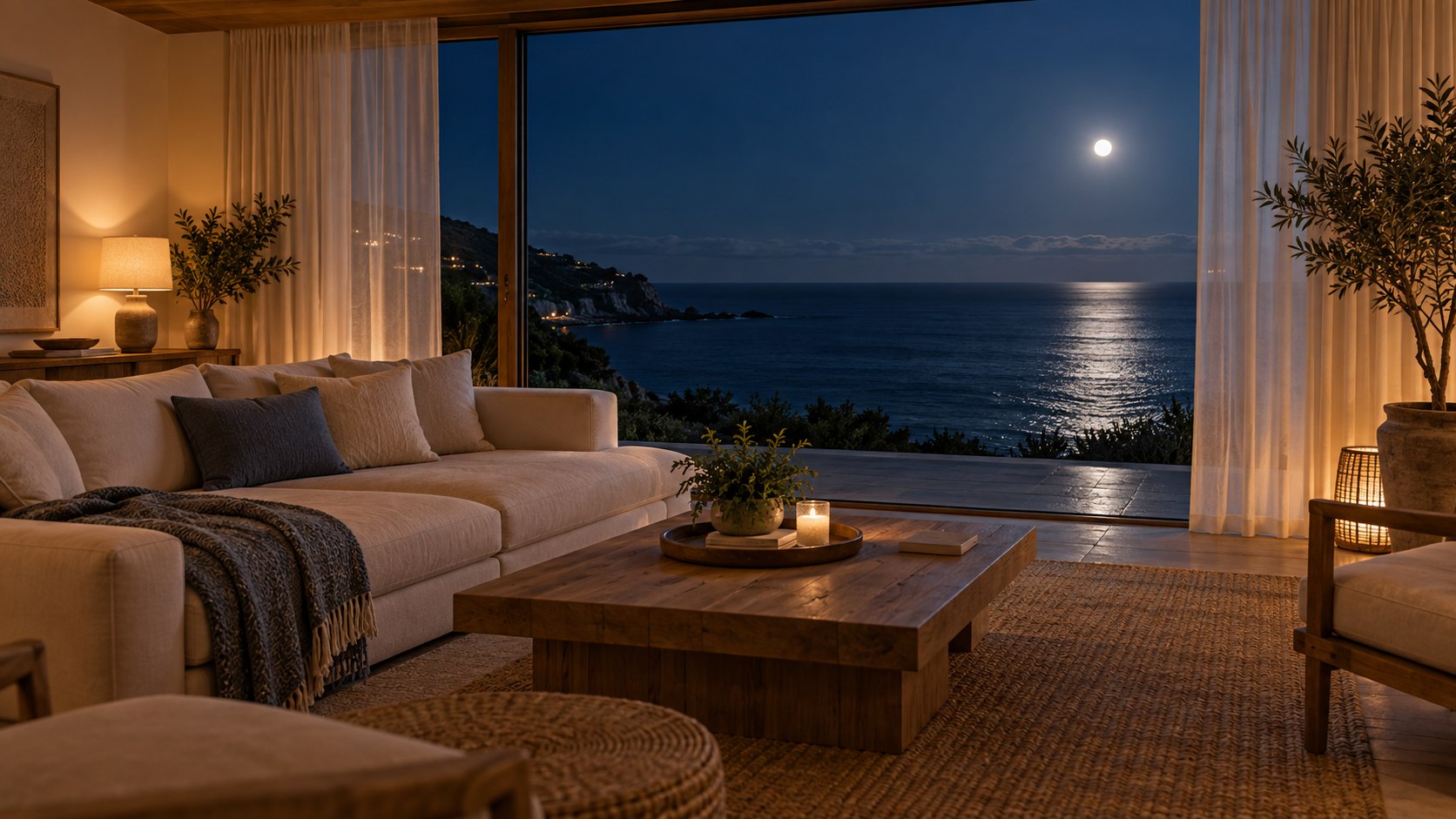 Cenário do piloto Kairós Sound: sala à noite com vista para o mar e a lua