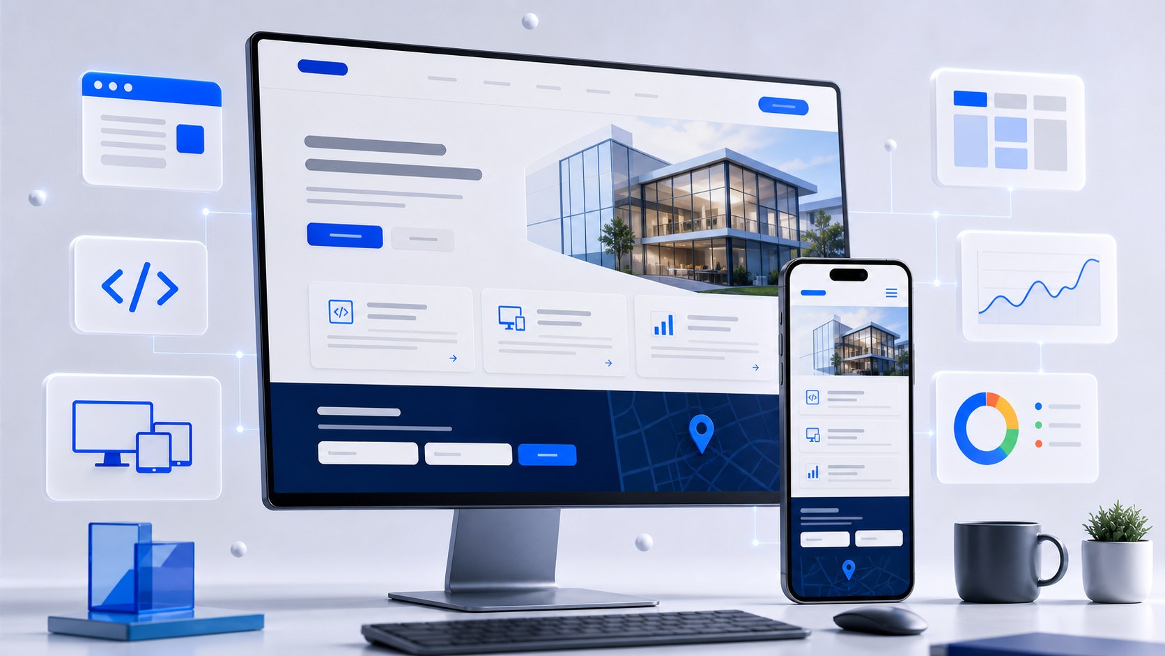 Mockup ilustrativo de site profissional em computador e celular