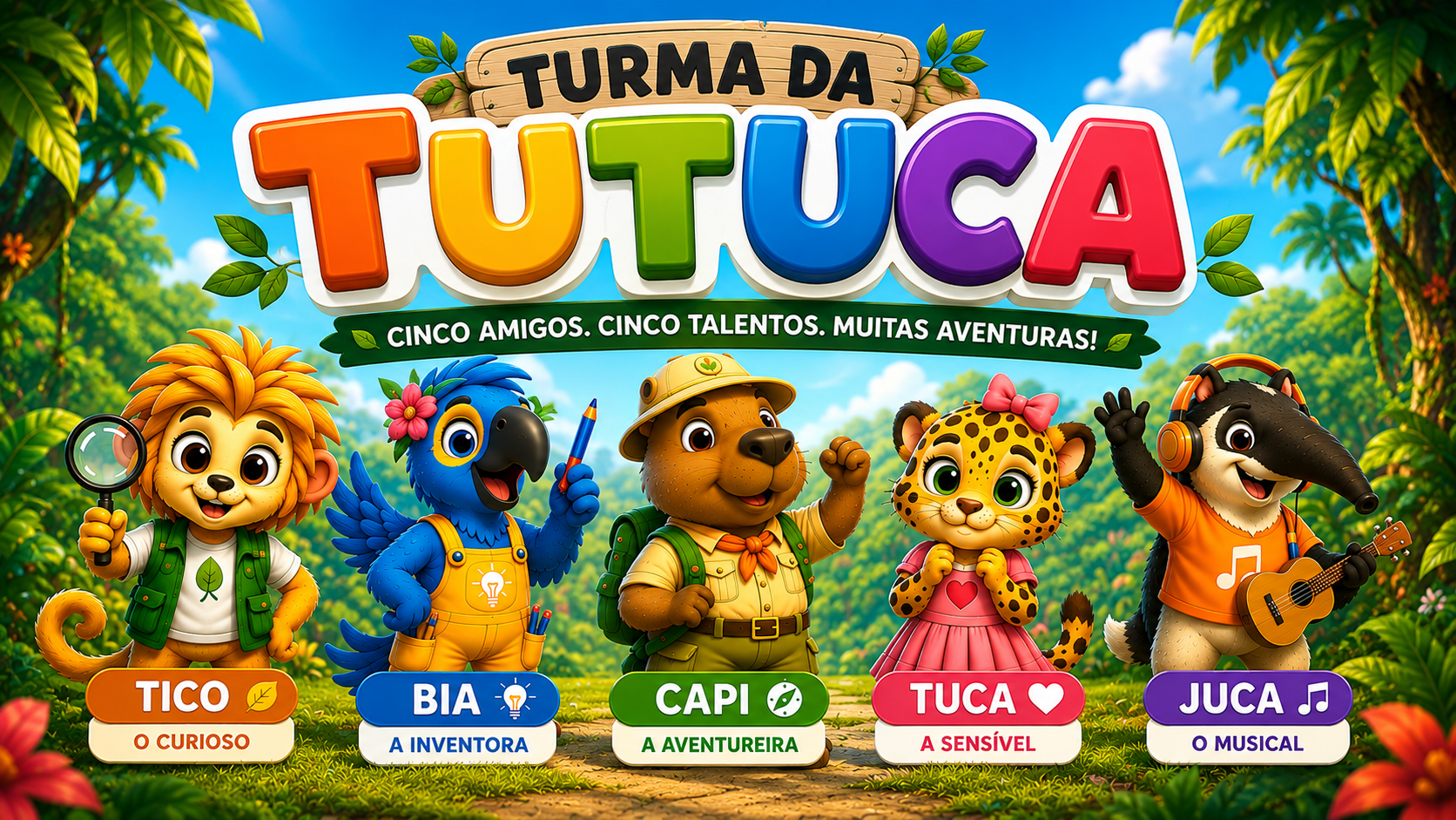 Os cinco personagens da Turma da Tutuca reunidos em seu universo infantil